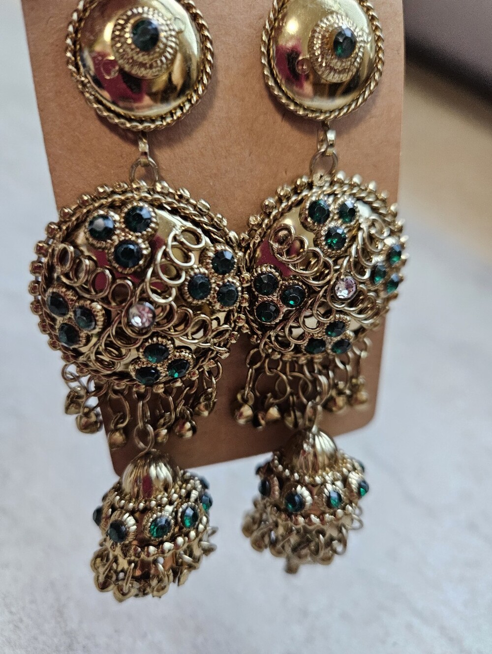 Gold-Tone Green Crystal Filigree Dangle Jhumka Earrings